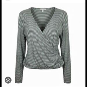 nine britton Striped Wrap Surplice Long Sleeve Top - Green/White